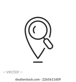 icono de búsqueda de ubicación, búsqueda de mapas, lupa con localizador, símbolo de línea delgada sobre fondo blanco - ilustración de vector de trazo editable