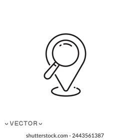 location search icon, map searching, magnifying glass with locator, thin line symbol isolated on white background, editable stroke eps 10 vector illustration