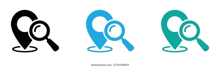 Icon für die Standortsuche mit Kartenstift und Lupe. Standortsuchsymbol mit einer Lupe über einem Kartenstift zum Auffinden einer Adresse oder eines Points of Interest mit GPS-Navigationsvektor. 