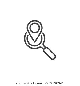 Icono de línea de búsqueda de ubicación. Mapa del pin y el signo de estilo lineal de magnificación para el concepto móvil y el diseño web. Explorar el icono del vector de contorno de ubicación. Símbolo, ilustración del logotipo. Gráficos vectoriales