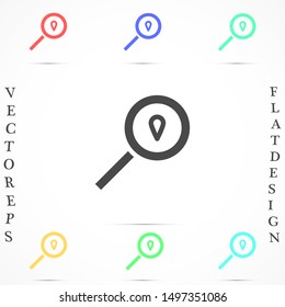 Location search linear icon. Thick line illustration. Magnifying glass with map pinpoint. Contour symbol. Vector isolated outline drawing
