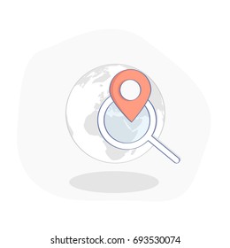 Location Search, Movement Tracking, Geo Pin On The Earth Map Concept. Geo Point, Magnifying Glass And Globe. Flat Line Illustration Concept.