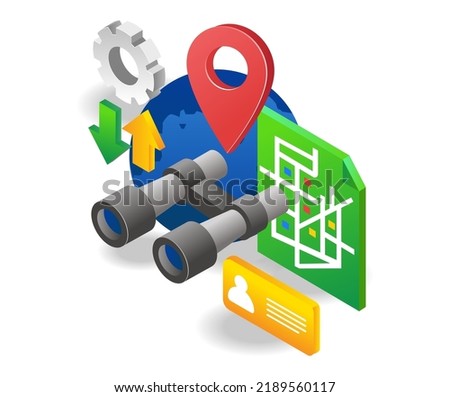 Location search with world map app in isometric illustration
