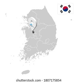 Ubicación de la ciudad de Sejong en el mapa de Corea del Sur. 3d señal de ubicación de Sejong. Mapa de calidad con provincias de Corea del Sur para su diseño. EPS10.