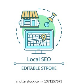 Location SEO concept icon. Search optimization idea thin line illustration. Geolocation based ranking. Local marketing. GPS search. Geotargeting. Vector isolated outline drawing. Editable stroke