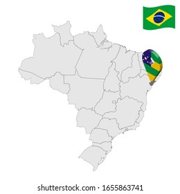 Ubicación de Sergipe en el mapa de Brasil. 3d Signo de ubicación Sergipe similar a la bandera de Sergipe. Mapa de calidad con regiones de Brasil. República Federal de Brasil. EPS10.