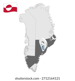 Locación Sermersooq es un municipio en el mapa de Groenlandia. Señal de ubicación 3D similar a la bandera de Sermersooq . Mapa de calidad de Groenlandia con los municipios   para su diseño. EPS10.