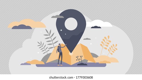 Servicios de localización como punto de anclaje GPS de destino en el concepto de personas diminutas planas del mapa. Símbolo de navegación para la ilustración vectorial de la cartografía de viajes y lugares. Información de dirección y visualización de distancia.