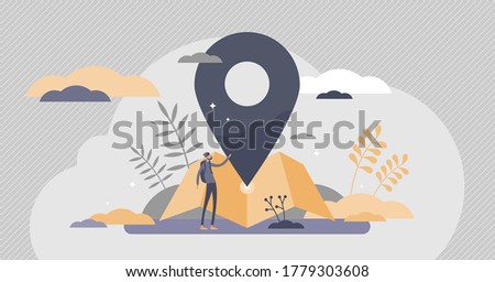 Location services as destination GPS pin point on map flat tiny persons concept. Navigation symbol for travel and place mapping vector illustration. Direction information and distance visualization.