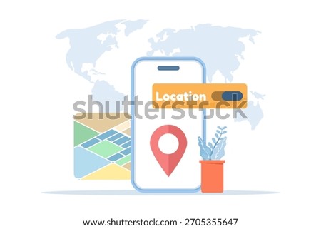 Location services and GPS tracking illustration, showing a user enabling or disabling geolocation within a smartphone app. flat vector illustration on background.