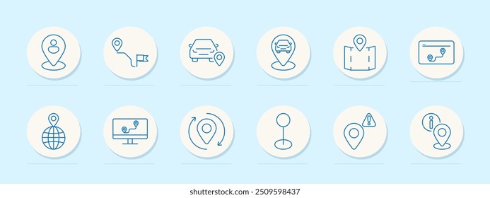 Location set icon. Pin, map, car, flag, globe, route, destination, GPS, marker, navigation, travel, journey, geography, global, tracking, point of interest, direction, world, cartography