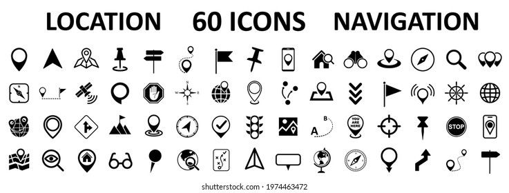 Location set icons, navigation signs, GPS location symbols, collection map pointer icons - stock vector