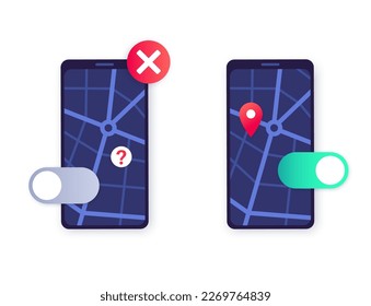 Location settings. GPS activation button, on and off toggle. Geolocation mode switch in smartphone. Find position on map. Permission for navigator in electronic devices. Access for geoposition vector