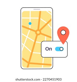 Location settings. GPS activation button, on and off toggle. Geolocation mode switch in smartphone. Find position on map. Permission for navigator in electronic devices. Access for geoposition vector
