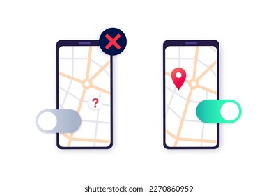 Location settings. GPS activation button, on and off toggle. Geolocation mode switch in smartphone. Find position on map. Permission for navigator in electronic devices. Access for geoposition vector