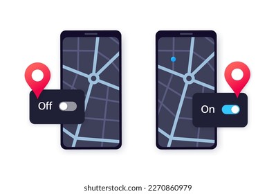 Location settings. GPS activation button, on and off toggle. Geolocation mode switch in smartphone. Find position on map. Permission for navigator, night mode. Access for geoposition vector
