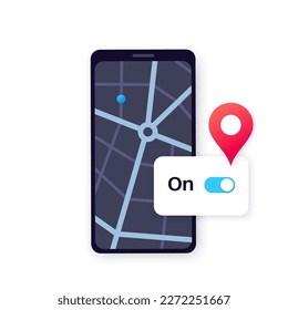 Location settings. GPS activation button, on and off toggle. Geolocation mode switch in smartphone. Find position on map. Permission for navigator in electronic devices. Access for geoposition vector