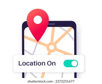 Location settings. GPS activation button, on and off toggle. Geolocation mode switch in smartphone. Find position on map. Permission for navigator in electronic devices. Access for geoposition vector
