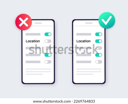 Location settings. GPS activation button, on and off toggle. Geolocation mode switch in smartphone. Find position on map. Permission for navigator in electronic devices. Access for geoposition vector