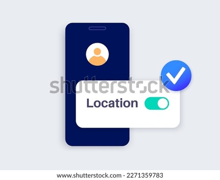 Location settings. GPS activation button, on and off toggle. Geolocation mode switch in smartphone. Find position on map. Permission for navigator in electronic devices. Access for geoposition vector