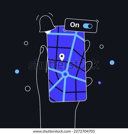 Location settings. GPS activation button, on and off toggle. Geolocation mode switch in smartphone. Find position on map. Permission for navigator in electronic devices. Access for geoposition vector