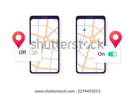 Location settings. GPS activation button, on and off toggle. Geolocation mode switch in smartphone. Find position on map. Permission for navigator in electronic devices. Access for geoposition vector