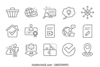 Location, Shop cart and Edit document line icons set. Certificate, Puzzle and Video file signs. 5g technology, Search and Energy symbols. World mail, Verify and Augmented reality. Vector