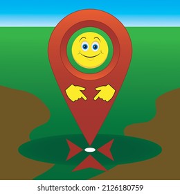 The location of the sign is indicated in red on a green background. The happy face icon. Navigation, location.