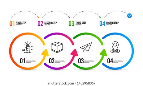 Location sign. Infographics timeline. Delivery box, Lighthouse and Paper plane line icons set. Cargo package, Navigation beacon, Airplane. Map pointer. Transportation set. Delivery box icon. Vector