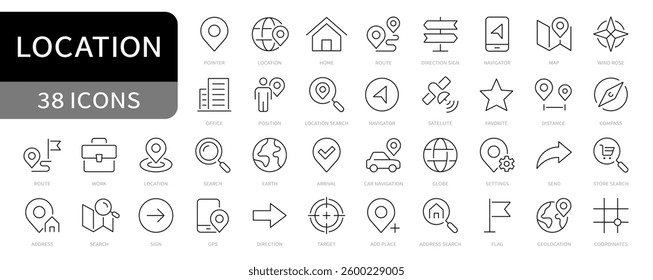 Location simple line icons set. Navigation icon set. GPS, map, pointer, compass, route editable stroke icon vector
