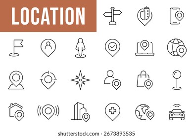 Position einfache Linie Symbole gesetzt. Navigationssymbolsatz. GPS, Karte, Zeiger, Kompass, Route editierbarer Strichsymbol-Vektor