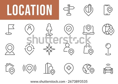 Location simple line icons set. Navigation icon set. GPS, map, pointer, compass, route editable stroke icon vector
