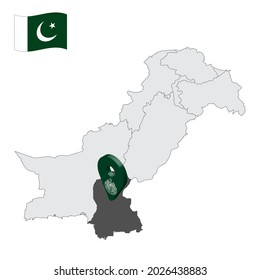 Ubicación en Sindh en el mapa de Pakistán. 3d signo de ubicación similar a la bandera de Sindh. Mapa de calidad con las provincias de Pakistán para su diseño. EPS10