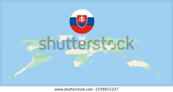 Location of Slovakia on\
the world map, marked with Slovakia flag pin. Cartographic vector\
illustration.