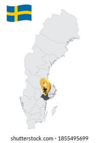 Location Sodermanland County on map Sweden. 3d location sign similar to the flag of  Sodermanland County. Quality map  with regions of  Sweden for your design. EPS10.