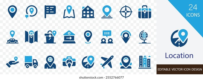 Conjunto de coleção de ícones sólidos de localização. contendo rota, casa, escritório, caminho, viagem, carro, posição e mais design de vetor