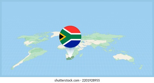 Ubicación de Sudáfrica en el mapa del mundo, marcado con la bandera de Sudáfrica. Ilustración vectorial cartográfica.