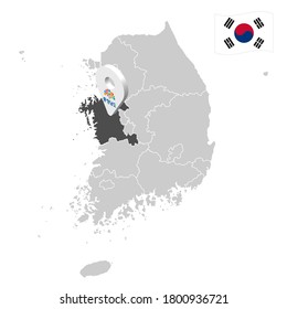 Location of South Chungcheong on map South Korea. 3d location sign similar to the flag of Chungcheongnam-do. Quality map  with  provinces of  South Korea for your design. EPS10.