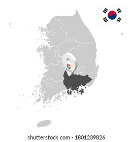 Location of South Gyeongsang on map South Korea. 3d location sign similar to the flag of Gyeongsangnam-do. Quality map  with  provinces of  South Korea for your design. EPS10.