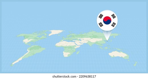 Ubicación de Corea del Sur en el mapa del mundo, marcado con la bandera de Corea del Sur. Ilustración vectorial cartográfica.