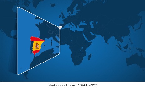 Location of Spain on the World Map with Enlarged Map of Spain with Flag. Geographical Vector Template for your design.