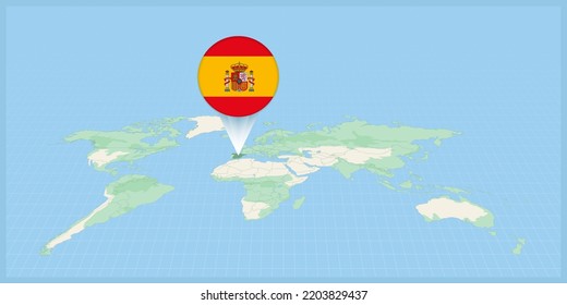 Location of Spain on the world map, marked with Spain flag pin. Cartographic vector illustration.