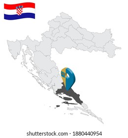 Location Split-Dalmatia County in Croatia on map. 3d location sign similar to the flag of Split-Dalmatia County. Quality map  with regions of  Croatia for your design. EPS10.