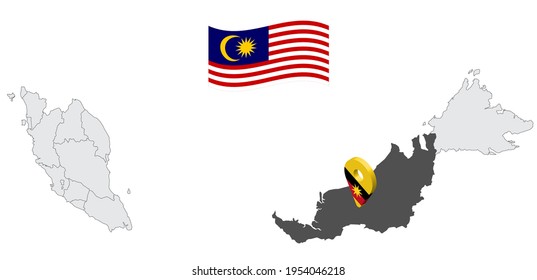 Location of State Sarawak on map Malaysia. 3d  State Sarawak flag map marker location pin. Quality map with States of Malaysia for your web site design, app, UI. EPS10.