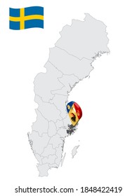Location Stockholm County on map Sweden. 3d location sign similar to the flag of Stockholm County. Quality map  with regions of  Sweden for your design. EPS10.