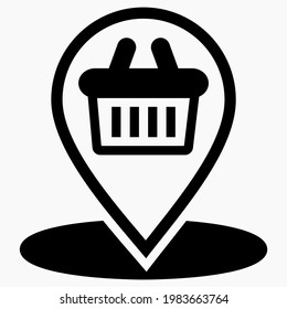 Location of the store. Shopping cart icon. Geo tag supermarket. Point of sale on the map. Vector icon.