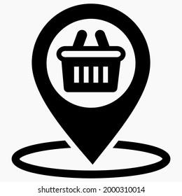 Location of the store. Shopping cart icon. Geotag supermarket. Point of sale on the map. Vector icon.