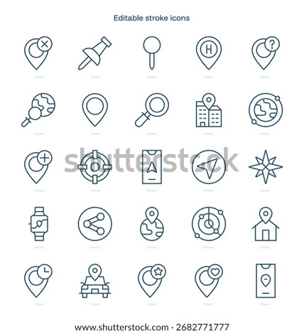 Location stroke icon. Location line icon set. editable stroke icon pack