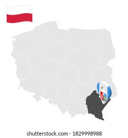 Location of  Subcarpathia Province on map Poland. 3d location sign similar to the flag of Podkarpackie. Quality map  with  provinces of  Poland for your design. EPS10.
