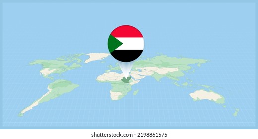 Location of Sudan on the world map, marked with Sudan flag pin. Cartographic vector illustration.